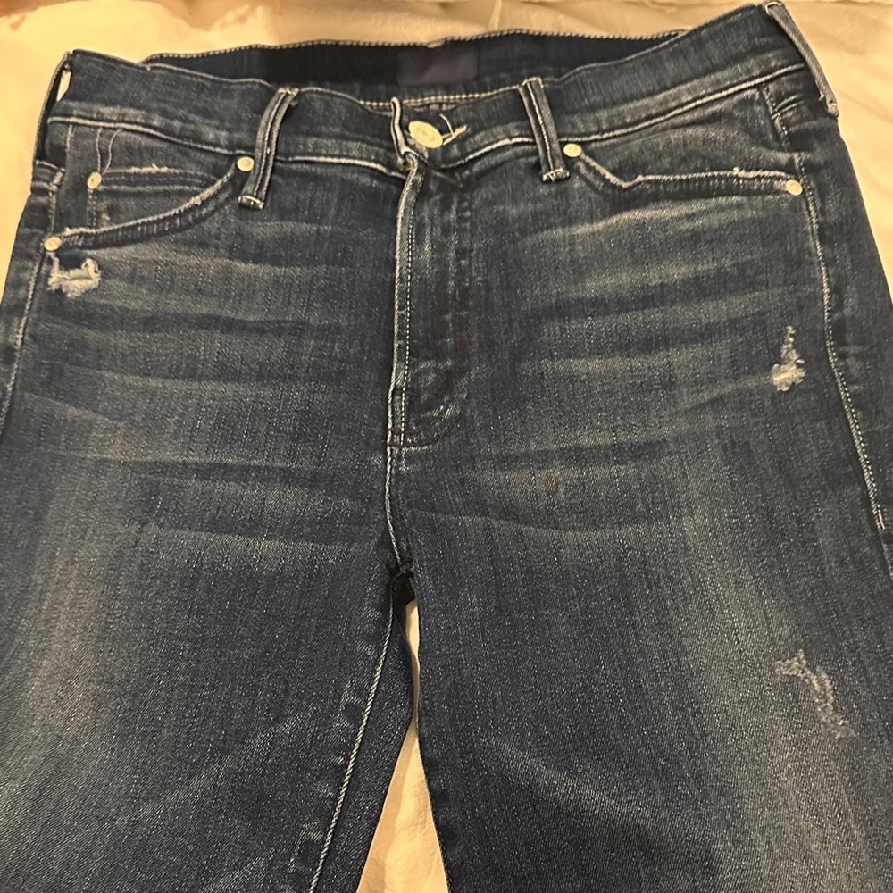 MOTHER Blue Distressed Skinny Jeans
